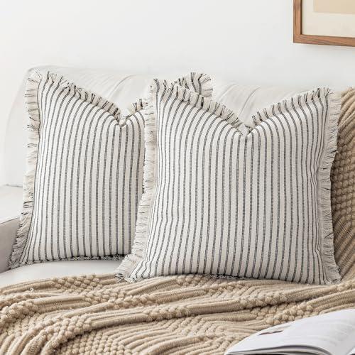 YEENAASY Striped Farmhouse Throw Pillow Covers 16X16 Set of 2 Boho Pillow Cover with Fringe Tassel Chic Cotton Decorative Pillows Modern Neutral Square Cushion Pillowcase for Sofa Couch Bed, Black
