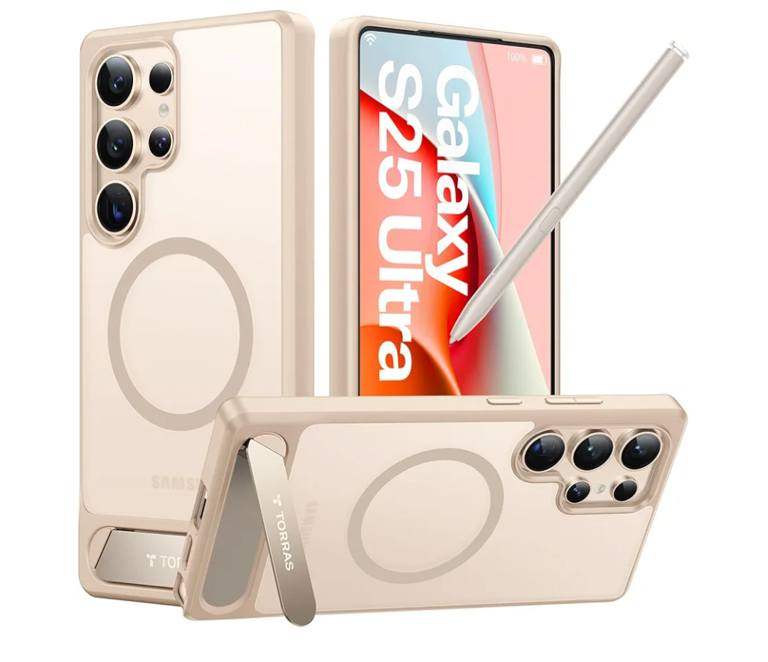 TORRAS Strong Magnetic & Seamless Stand for Samsung Galaxy S25 Ultra Case, Fit for MagSafe, Mil-Grade Drop Protection, Kickstand for Samsung Galaxy S25 Ultra Case, Translucent Gold Edge
