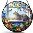 Stained Glass Window Hanging Gray Cat & Bird Design, Suncatcher for Window, for Cat Lovers & Stained Glass and Christmas, Mother's Day Father's Day Birthday