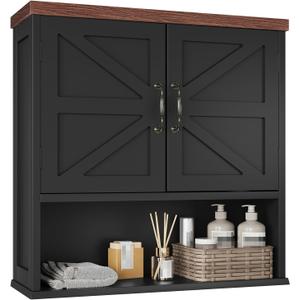 Bathroom Wall Cabinet with Barn Doors, Wall Mounted Bathroom Storage Cabinet, Farmhouse Style, Adjustable Shelf, Wall Mounted Medicine Cabinets, 23.6 x 7.9 x 23.9 Inches (Black)