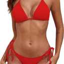 Tainehs Women's Sexy Halter Thong Bikini Tie Two Sides Bottom Triangle Bikini Swimsuits (Red Ribbed, XS)