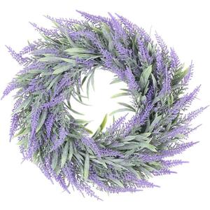 Lavender Wreath,11" Artificial Spring Wreaths for Front Door,Purple Flower Wreath with Green Leaves Farmhouse Wreath, for Home Wall Window Porch Garden Decor