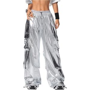 OYOANGLE Women's Metallic Drawstring High Waisted Y2K Cargo Pants Wide Leg Trousers Rave Joggers Streetwear (Large)