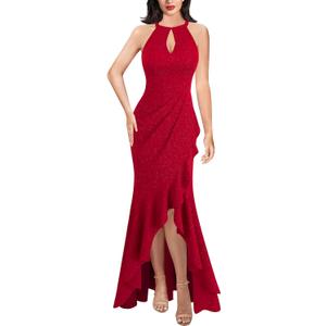 VFSHOW Womens Sexy Halter Neck Formal Cutout Ruffle Slit Ruched Prom Maxi Dress Wedding Guest HI-LO Mermaid Evening Gown (Red)