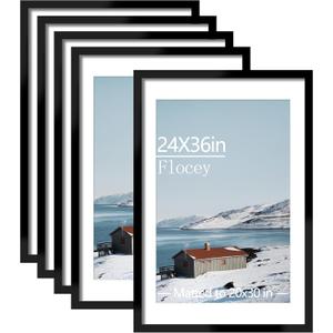 24x36 Picture Frame Set of 5, Black Poster Frame, Display Pictures 20 x 30 with Mat or 24 x 36 Without Mat for Horizontal or Vertical Wall Mounting, Wall Gallery Frame for Artwork
