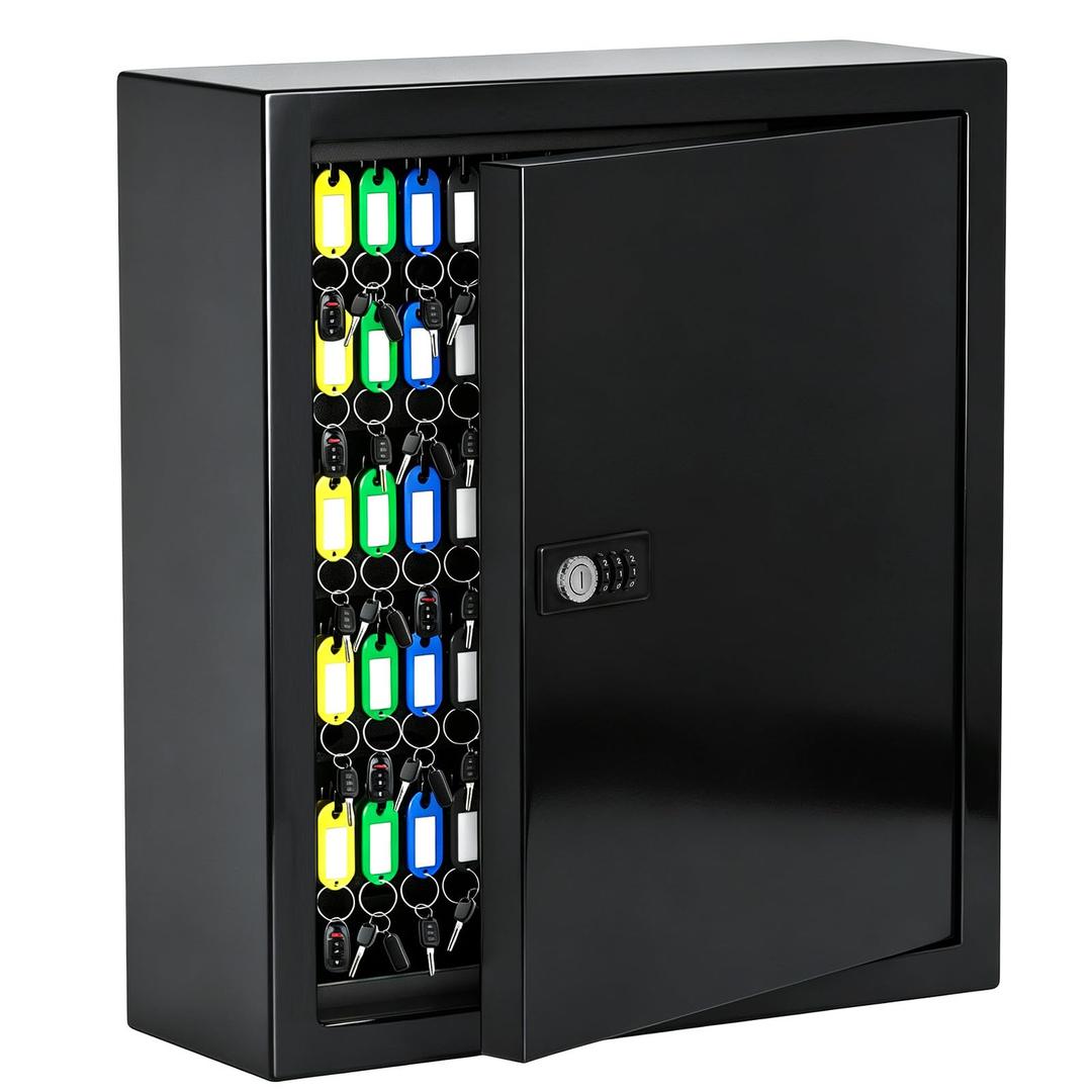 Wensha Lock Key Cabinet with Storage: 131-Keys Steel Wall Mount Key Cabinet Organizer - Large Storage and Secure Combination Lock Box for Office Home Business Black