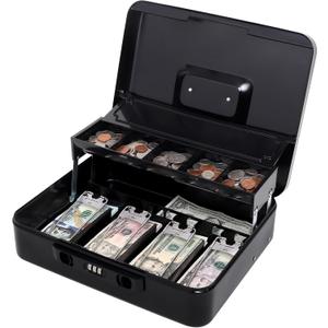 Jssmst Cash Box with Sliding Coin Lid and Snap Latch Combination Lock - Portable Cash Box with Money Tray and Lock, Secure Locking Money Box for Cash Organizer, 11.8L x 9.5W x 3.5H Inches, Black