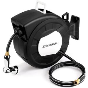 100 FT x 1/2" Retractable Garden Hose Reel by HOZEREEL, Decorative Outdoor Garden Hose Reels - Automatic Self Retract Wall Mount Hose Reel Enclosed Storage, Any Length Lock, 10 Pattern Nozzle Black