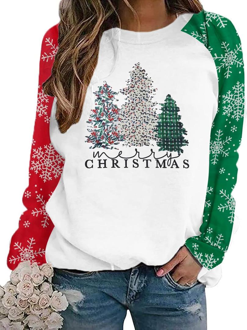 ASTANFY Merry Christmas Sweatshirt for Women Plaid Holiday Long Sleeve Tree Pullover Lightweight Shirt (X-Large, Green)