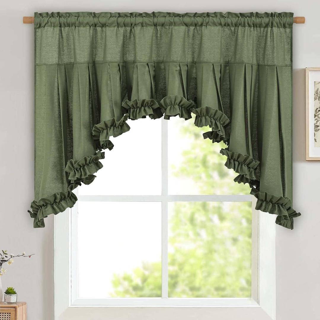 Likiyol Linen Valances for Windows Farmhouse Ruffle Swag Valance Rustic Country Window Valances Light Filtering Kitchen Curtains Rod Pocket Valance Curtains for Bathroom Cafe, Green, 60" W x 36" L