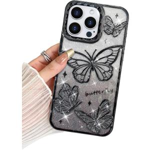 BITOBE Designed for iPhone 12 Pro Max, Cute 3D Butterfly Case Slim Plating Glitter Bling Luxury Cover for Women Girls Protective Camera Protection Bumper 6.7" Black