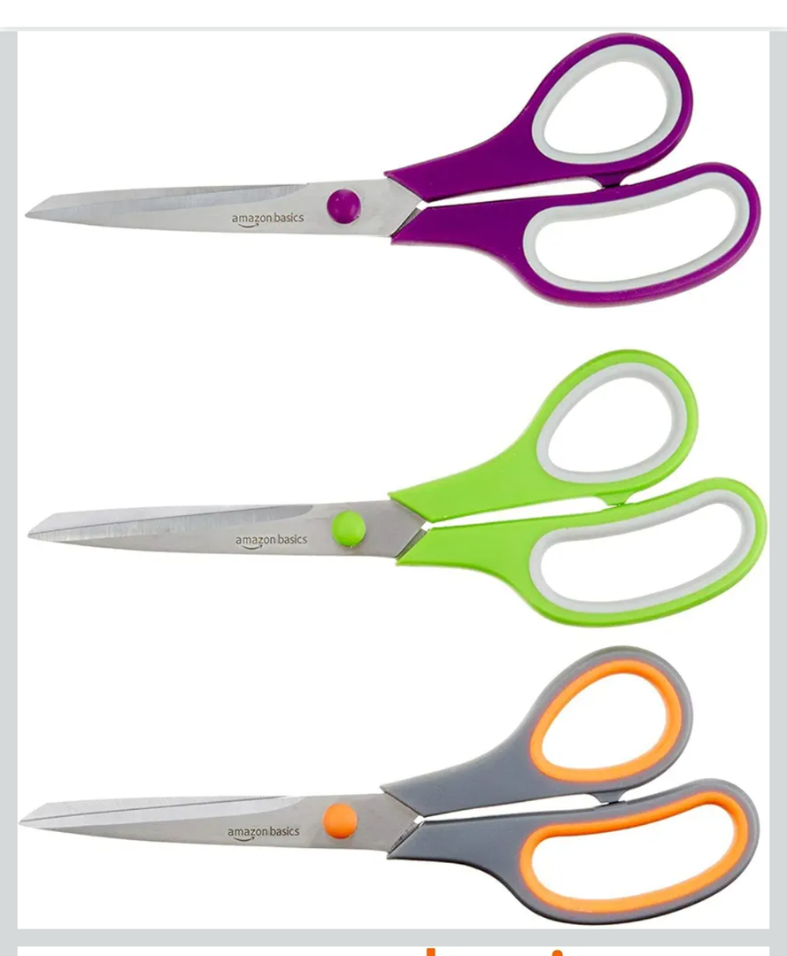 Amazon Basics Stainless Steel Scissors for Office, Crafts, Multipurpose, Sharp, Comfort Grip, PVD Coated, 3 Pack, Multicolor