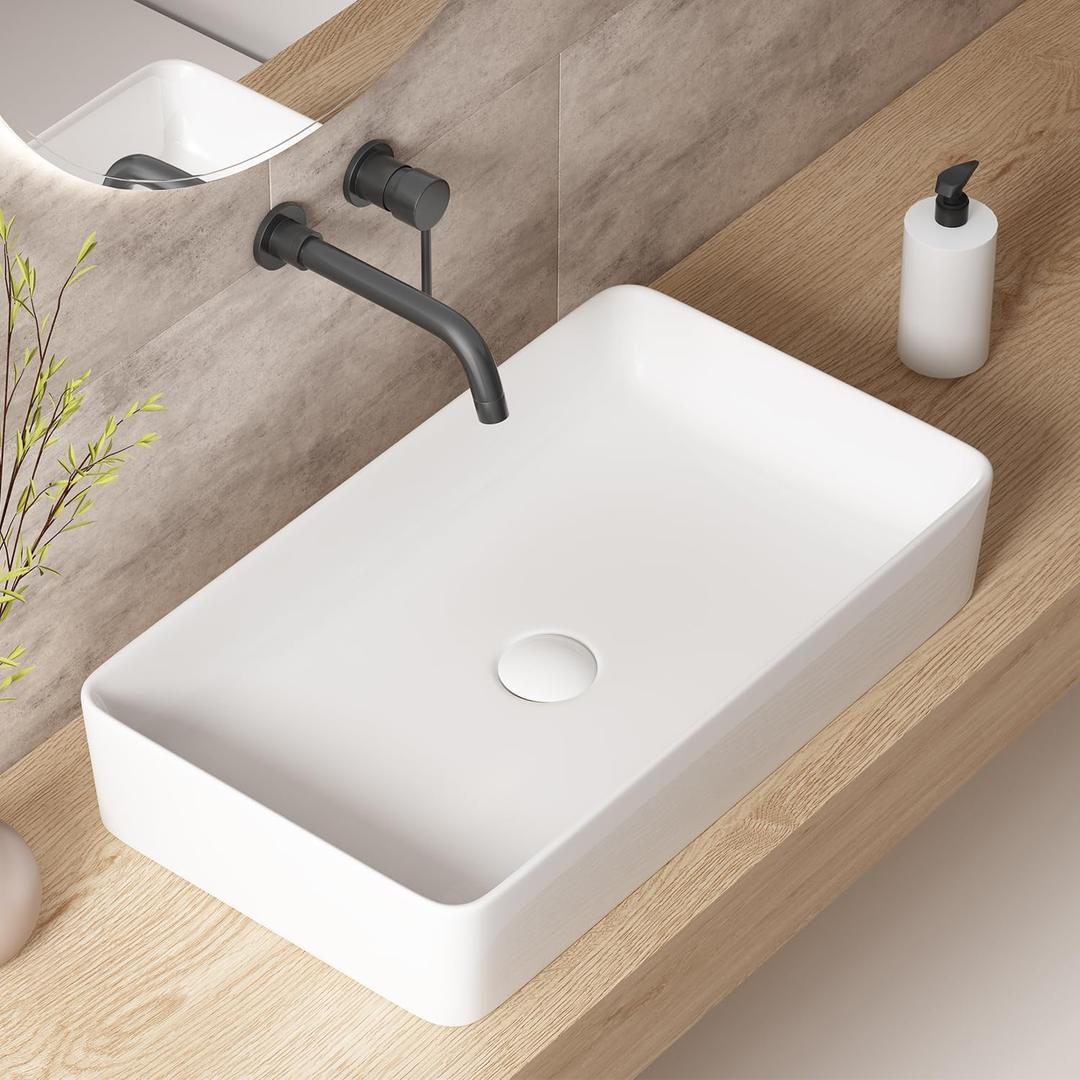 Rectangle Vessel Sinks for Bathrooms: 24 Inch Large Bathroom Vessel Sink, Modern White Porcelain Bathroom Sink, Ceramic Above Counter Sink Bowls for Bathroom Vanity, OC1601, 24W x 14D