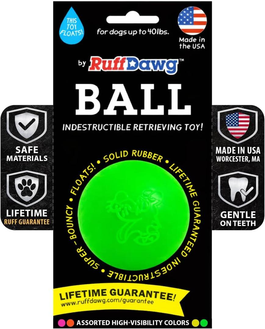 Ruff Dawg Indestructible Dog Ball Med 2.5  Heavy-Duty Rubber Fetch Toy for Aggressive Chewers  Extreme Bounce, Floats, BPA & Latex Free  Made in USA, 1 Pack - Color Varies