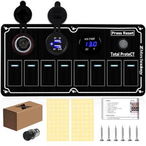 8 Gang Marine Rocker Switch Panel with 5v 1/2.1Amp Dual USB Charger Digital Voltmeter Lighter Socket Press Protector Waterproof Aluminum 12/24V Rocker Switch (Black, 8 Gang) (Black-Metal Version)