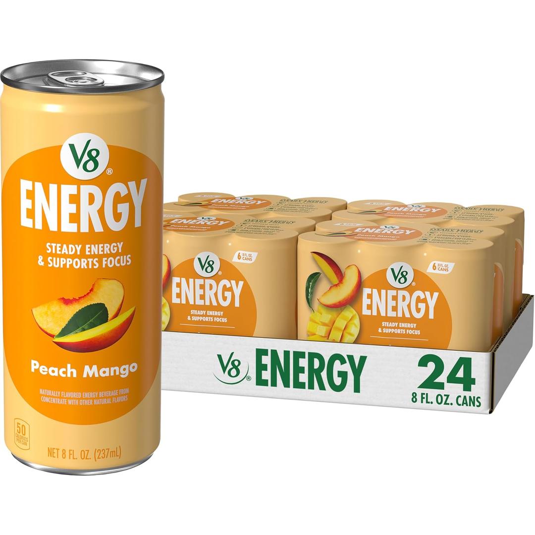 V8 Energy Peach Mango Energy Drink, 8 fl oz Can (24 Pack) BBD: 03-10-26