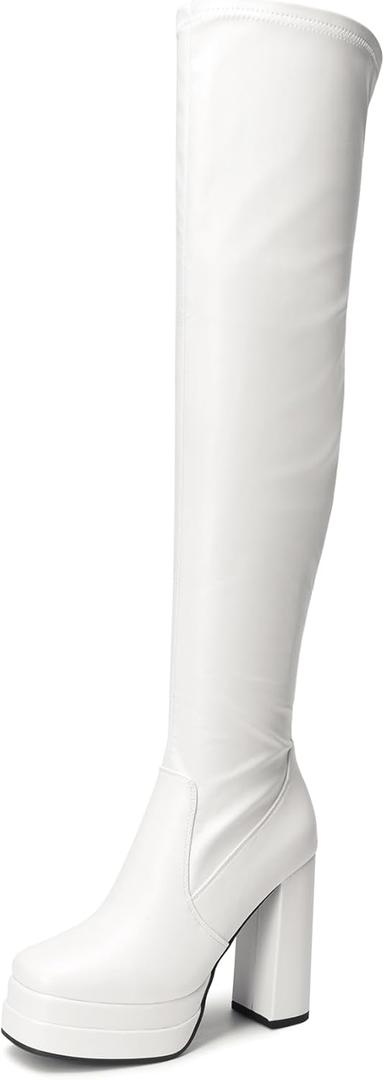 DREAM PAIRS Women's Platform Over The Knee Thigh High Boots Chunky High Heels Square Toe Long Fall Y2K Gogo Boots (7, White)