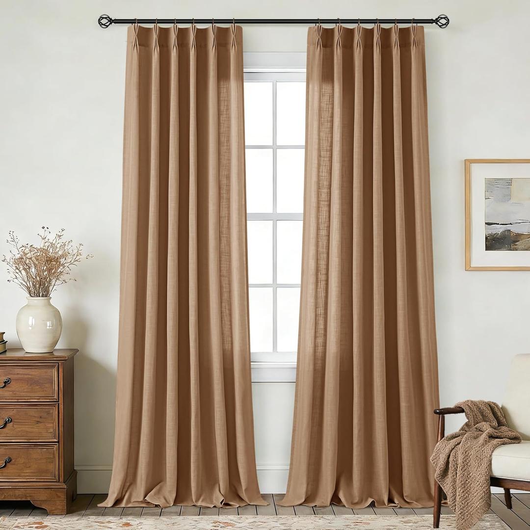 Pinch Pleated Linen Curtains 108 Inches Long for Living Room 2 Panels Set Natural Brown Triple Pleated Drapes for Track System Neutral Boho Ceiling Floor Length 108 Inch High Window Curtains 9 FT
