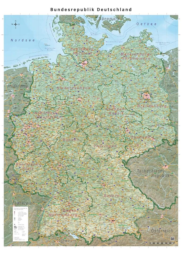 LargeMmap of Germany with Full Lamination (Wall Map) 39.4 x 55.1 inches, German States and Counties, Highways, Airports