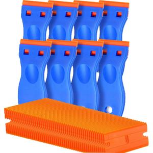 8 Pcs Plastic Razor Blade Scraper and 100 Pcs Blades, Remove Label Decal Tool Forwithout Scratches Plastic Razor Blade Scraper, Adhesive Remover for Stickers, Kitchen Appliances and Paints on Window