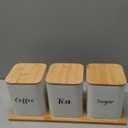 Tioncy Coffee Tea Sugar Container with Tray Set of 3 Airtight Metal Canister with Bamboo Lid Tray for Kitchen Counter Dining Room Farm House Kitchen Style Drink Station Organizer Set(White)