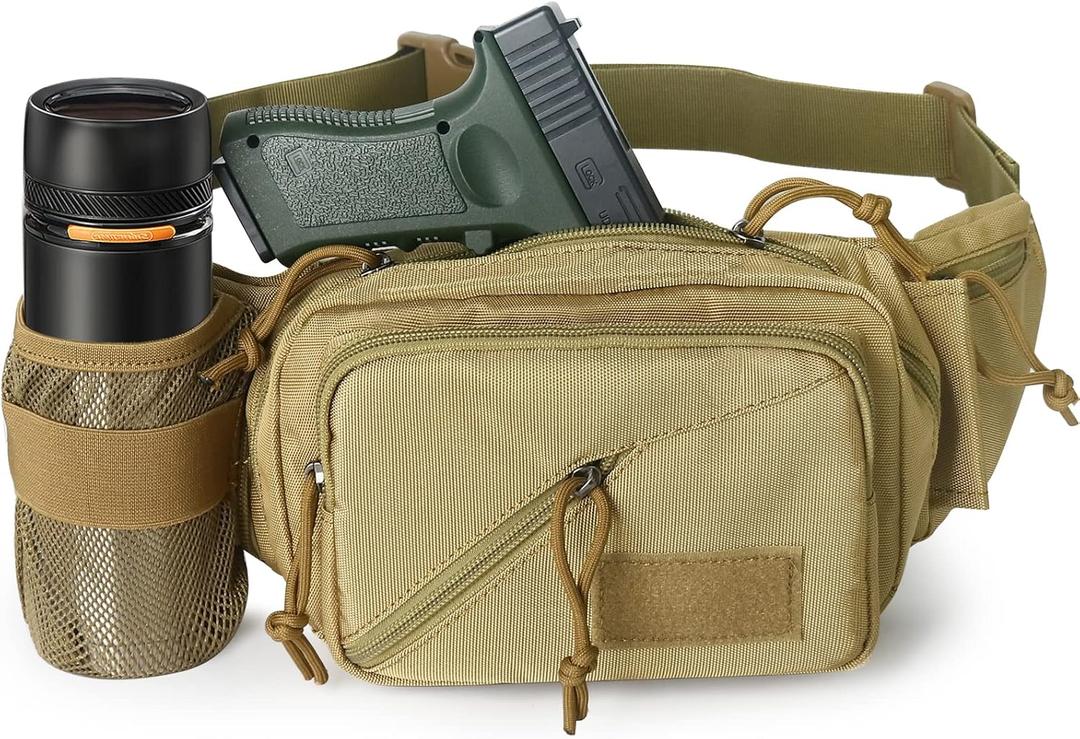 Concealed Carry Pistol Waist bag Tactical Conceal Carry Pistol Bag Fanny Packs Handgun Holster Pouch with Bottle&Gun Holder Fits 1911 Glock etc (Khaki)