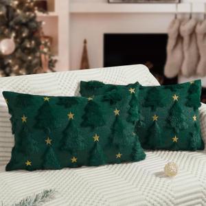Artmag Christmas Pillow Covers 12 x 20 inch Set of 2 Dark Green Christmas Tree Star Pillow Cases Soft Plush Faux Fur for Holiday Winter Home Coach Sofa Decorations