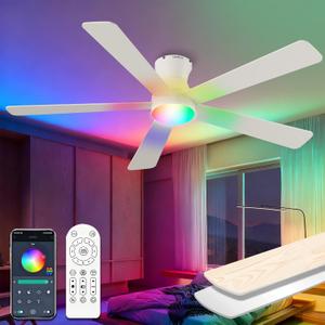 Carrefour 52 Inch Ceiling Fans with Lights Remote and App Control, Low Profile Flush Mount Modern Ceiling Fan with RGB Light, 6 Speeds Reversible DC Motor, Dimmable 3 CCT for Bedroom, Living Room (White)