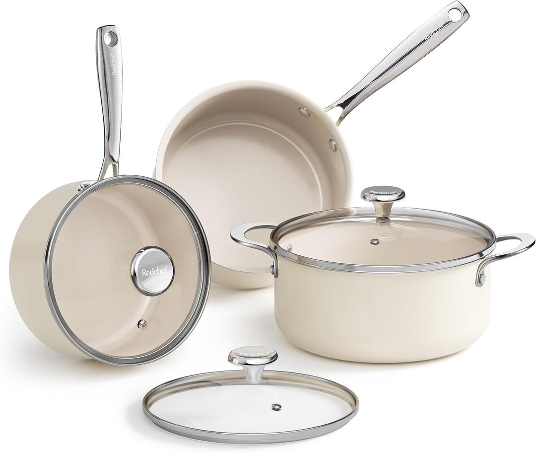 Redchef Stock Pot Set 5Qt, Saucepan 2.5/3.5 Qt, 6Pcs Nonstick Cookware Set
Induction Cooking Pot Set with Lid, Nontoxic PFAS-Free, All Stoves Even Heat, Cool Handle, Oven Dishwasher Safe, Begie White