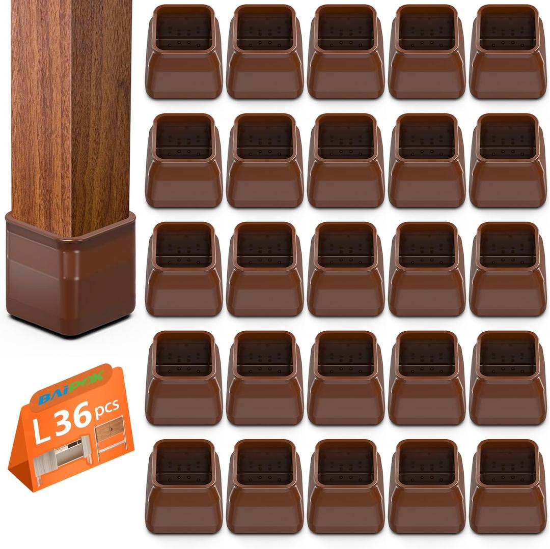BAIPOK 36Pcs Chair Leg Floor Protectors, Square Silicone Chair Leg Protectors for Hardwood Floors, Felt Furniture Pads Chair Sliders, Chair Leg Covers, Reduce Noise & No Scratch, Brown, Square L (1.25'' -1.60''), Brown