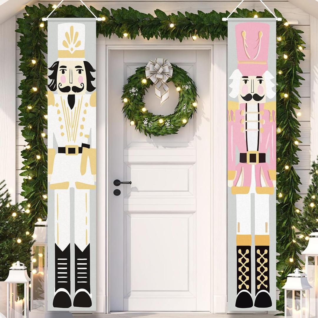 Whaline Christmas Porch Sign Nutcracker Hanging Door Banner Xmas Winter Welcome Front Door Banner Sign for Home Office Indoor Outdoor Holiday Party Supplies, 12 x 72 Inch