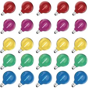 Meconard 25 Pack G40 Colored LED String Light Bulbs, E12/C7 Candelabra Base Shatterproof LED 1 Watt Globe Replacement Bulbs, Multi-Color: Red/Green/Blue/Orange/Purple