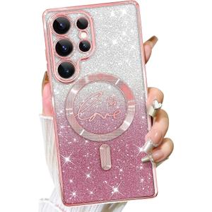 Fiyart Designed for Samsung Galaxy S24 Ultra Case,Compatible with MagSafe Love Heart Plating Camera Protection Clear Glitter Magnetic for Women Girls Shockproof Phone Cover Bumper 6.8"-Pink