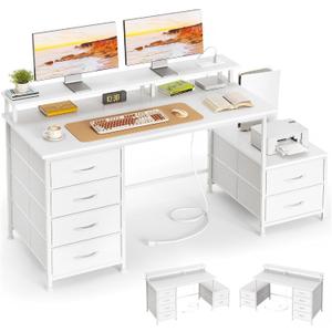 39" Desk with Fabric File Cabinet, Computer Desk with Shelves and Drawers, Writing Table with Monitor Stand, Study Table Workstation for Home Office, White