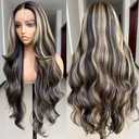 SISgrace 2/27 Ombre Highlight Lace Front Wigs Synthetic Body Wave Wear and Go 13x4x1 T-part Lace 28 Inch Pre-Plucked HD Glueless Ombre Lace Front Wig for Black Women