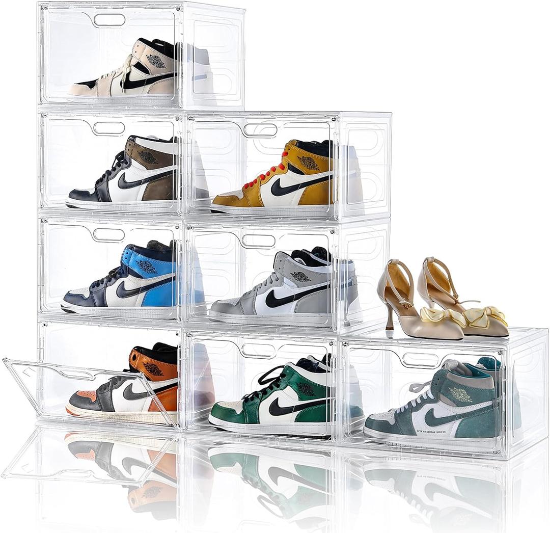 Amllas 8 Pack Shoe Boxes Clear Plastic Stackable, Large Shoe Storage Organizer with Lids,Drop Side Shoe Containers for Entryway,Sneaker Storage Fit up to US Size 13 (13x 10.6x 8.3)