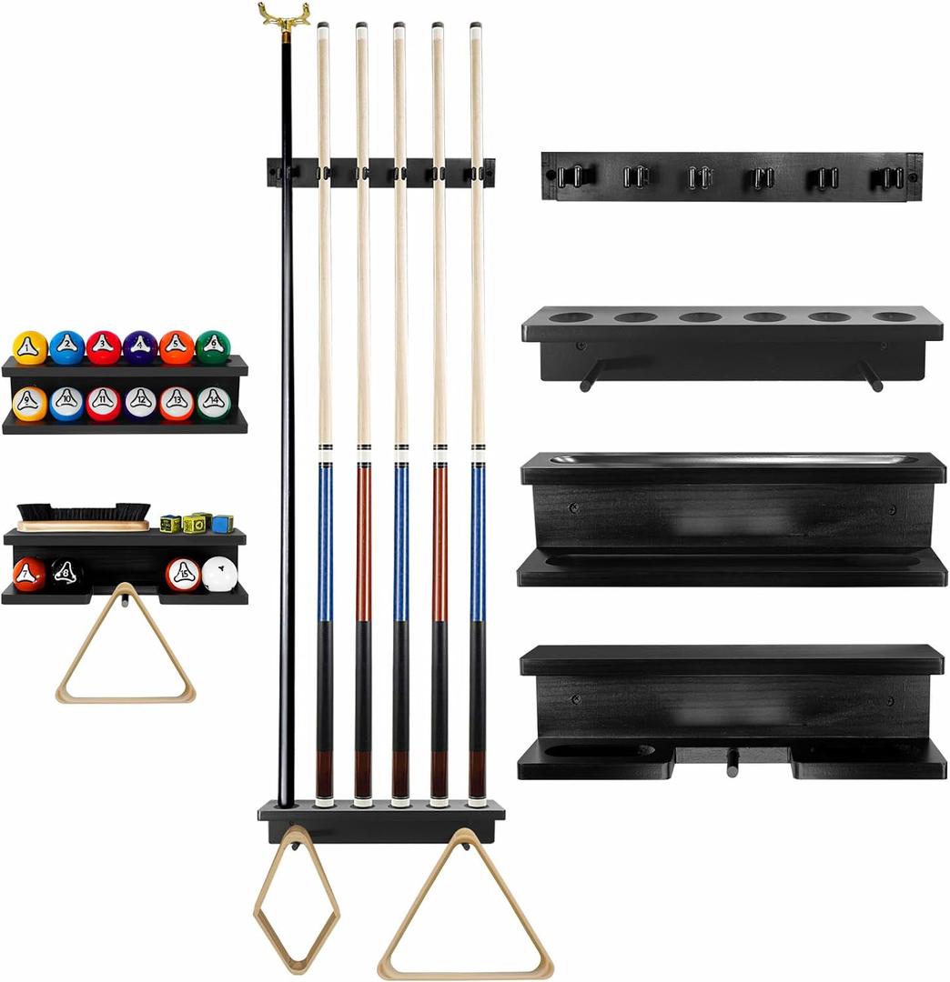 GOOX Pool Stick Holder Wall Mount - 100% Wood Cue Rack for 6 Sticks and Billiards Accessories, Table Organizer Set