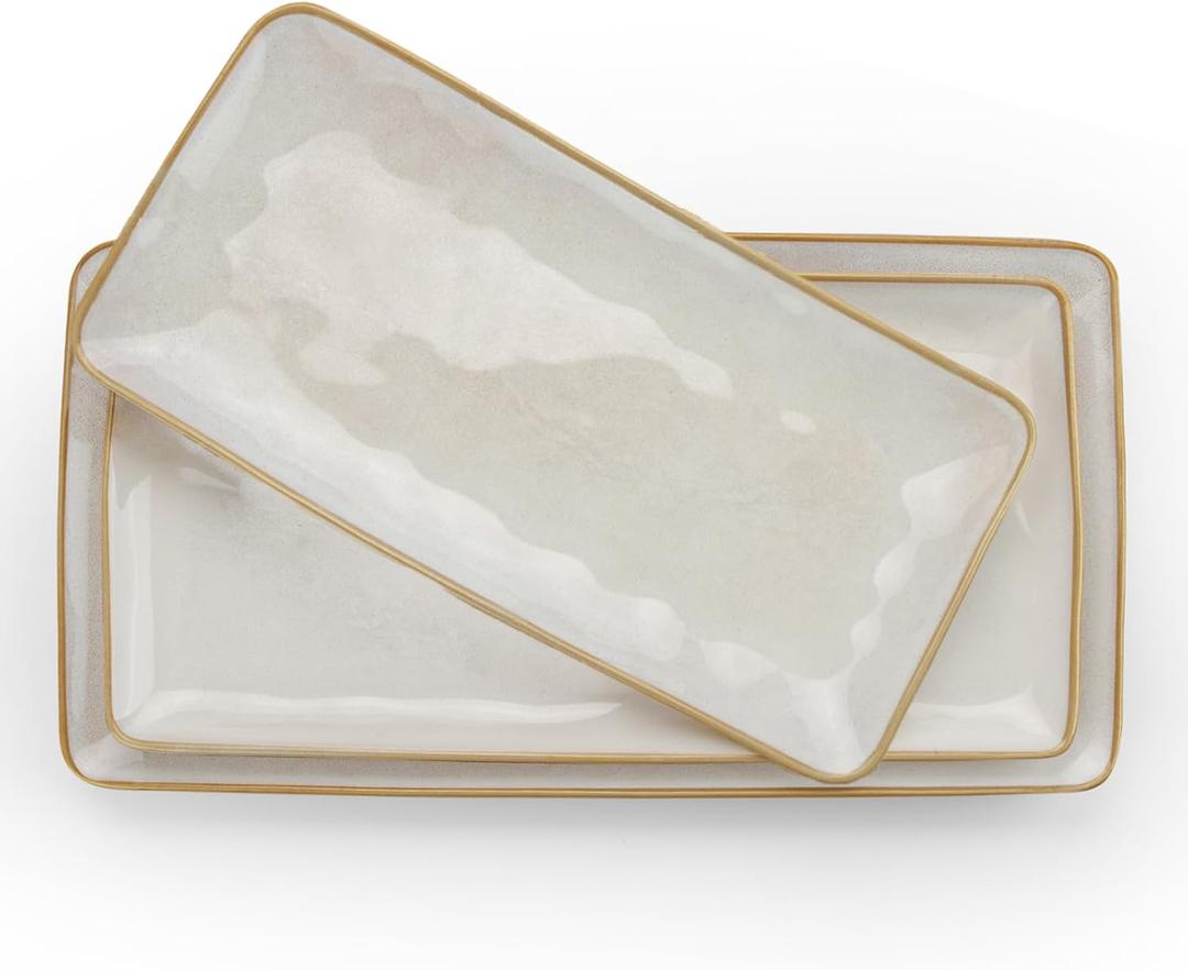 Famiware Serving Platter, Rectangular 15.67/14.1/12.6 inch Serving Dishes for Entertaining, Microwave Dishwasher Safe, Stonware Serving Trays for Party, Turkey, Cheese, Ocean Series, Cappuccino White
