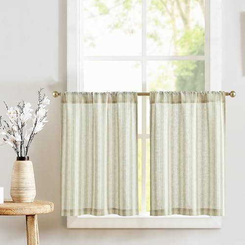jinchan Striped Linen Kitchen Tier Curtain Farmhouse Cafe 30 Inch Small Window Balanced Stripe Half Window Curtains for Living Room Bathroom Laundry 3 Panels Green on Linen