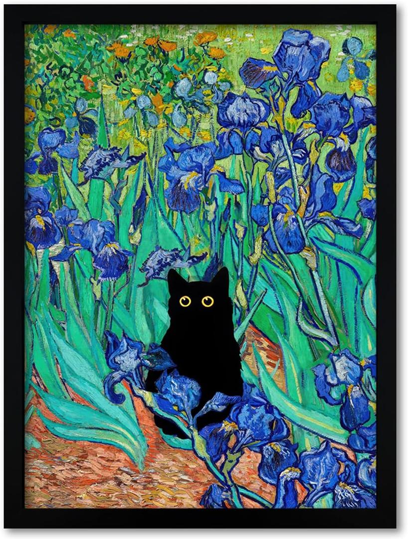 Krtoni Framed Van Gogh Irises Canvas Wall Art, Famous Oil Paintings Garden Flower Black Cat Wall Decor, Impressionism Funny Vintage Print Artwork For Farmhouse Gallery Bathroom 24''L x 16''W