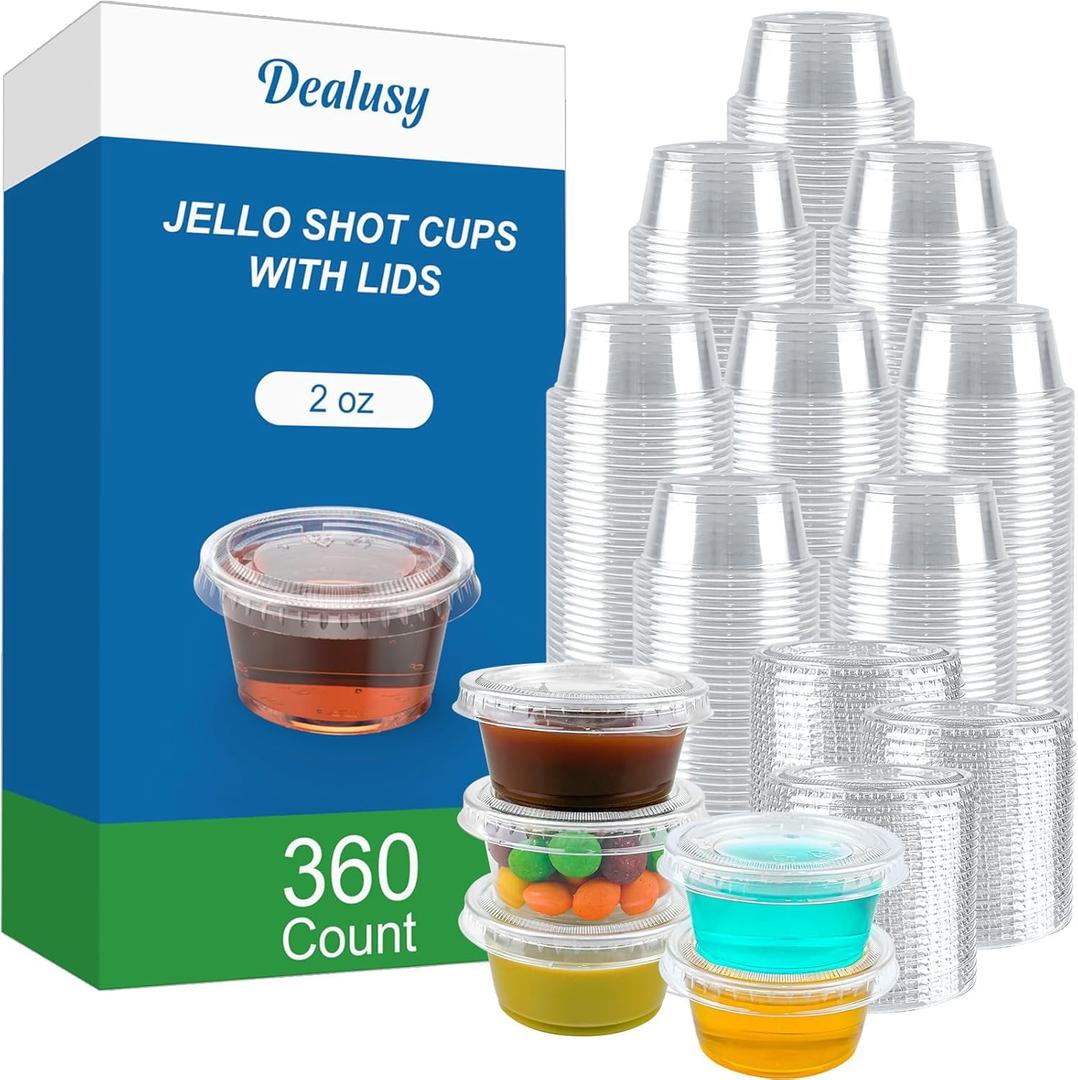 360 Set 2 oz Jello Shot Cups with Lids, Sturdy & Food Safe Disposable Plastic Portion Condiment Dipping Sauce Cups, Small Containers for Salad Dressing
