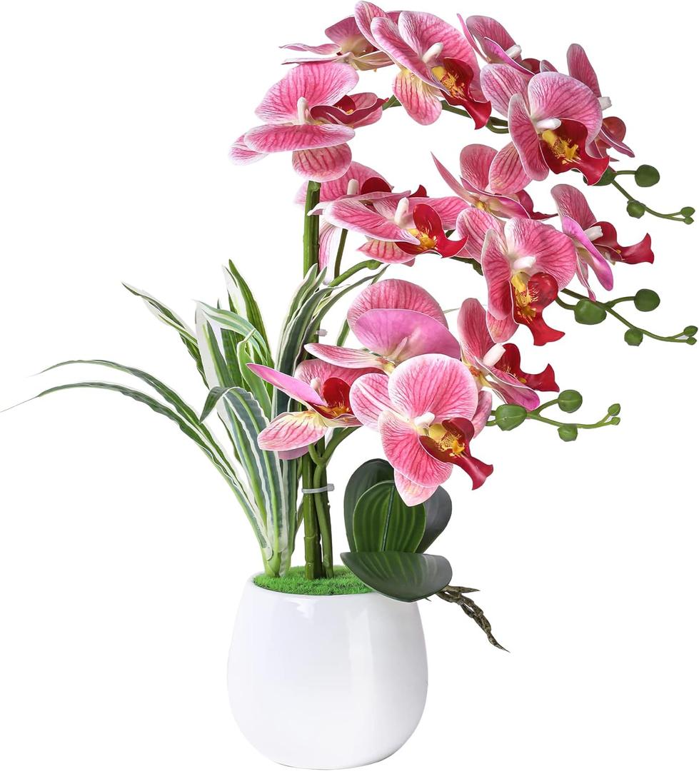 W&W Artificial Orchid Plants and Flowers with Vase, Fake Faux Orchid in Ceramic Pot,19, Pink