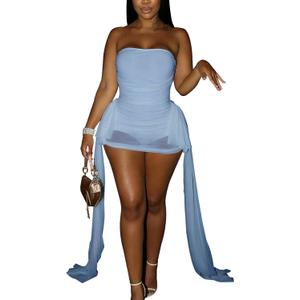 Sexy Mesh Sheer Y2k Tube Mini Dress for Women Date Night (Blue, M)