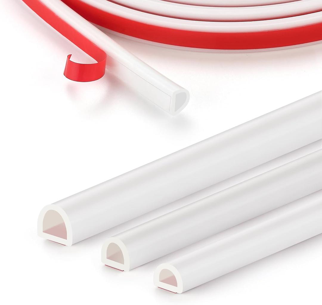 Silicone D-Shaped Weather Stripping Door Seal, 23FT Self Adhesive Door Insulation Strip, Fits Gaps up 1/8" to 1/4", for Door Frame & Window Seal (White, 3/8" W  1/4" T)