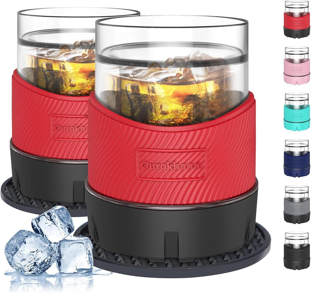Ourokhome Whiskey Freeze Glasses, Patent Plastic Ice Chiller for Bourbon, Scotch, White Wine, 5 oz Insulated Liquor Tumbler for Men and Women, Set of 2, with 2 Silicone Cup Mats, Red