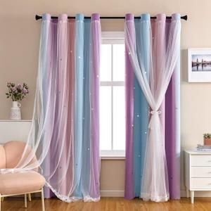 XiDi Dream Star Blackout Curtains for Kids Rooms Girl Princess Curtain for Daughter Bedroom 84 inches Long (Pink Purple, W52 X L84)
