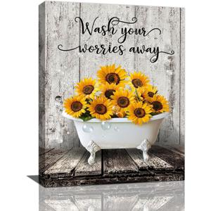 Farmhouse Sunflower Bathroom Wall Art Sunflowers In Bathtub Pictures Wall Decor Sunflower Bathroom Canvas Print Rustic Country Painting Framed Home Artwork Decorations For Restroom Bedroom 12"x16"