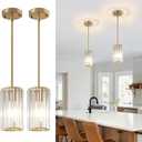 Gold Modern Crystal Pendant Lights Hanging Light Fixture, 2 Pack Pendant Lights Kitchen Island Adjustable Mini Pendant Lighting Fixtures for Kitchen Island Dining Room Hallway Bedroom