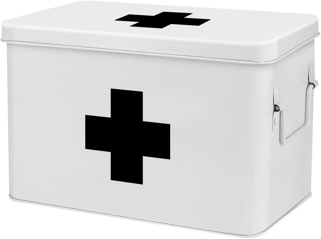 Flexzion First Aid Box Organizer Empty 13" White Vintage First Aid Kit Tin Metal Medical Box - First Aid Storage Box Container Bins with Dividers, Removable Tray and Black Cross Logo