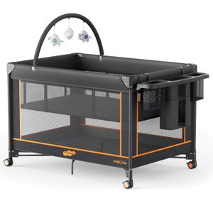 Pamo Babe Pack and Play - Travel Crib with Mattress, Easy Setup Small Portable Playpen for Babies, Lightweight Foldable Baby Playard with Lockable Wheels, Toy Arch & Large Storage Bag - Black